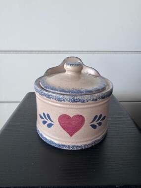 Rowe Pottery Salt Glazed Heart Crock Salt Pig Spongeware